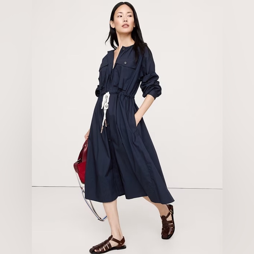 NWT! Banana Republic Navy Blue Cotton Poplin Pocket Midi Shirtdress -Multiple 🎧